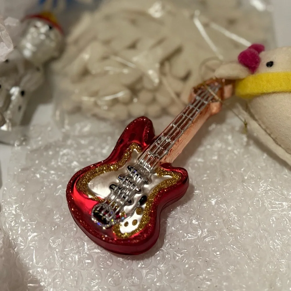 New Vintage West Elm Glitter and Glass Guitar Ornament, -6”,